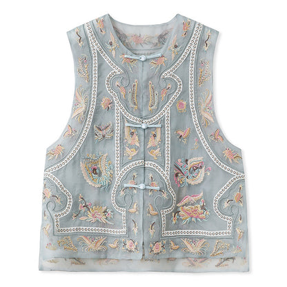 Guofeng retro buckle jacquard embroidered vest 2025 new unique design mulberry silk round neck vest N2022