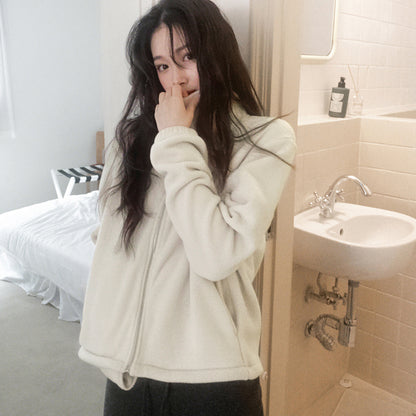 Solid color fleece jacket 25 winter new warm thickened top simple loose long-sleeved stand-up neck zipper cardigan