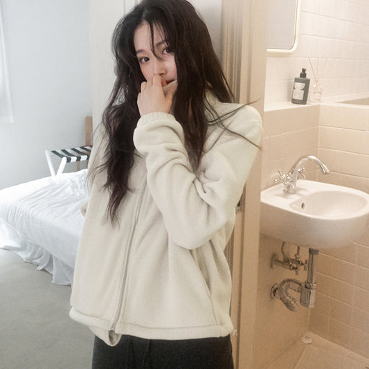 Solid color fleece jacket 25 winter new warm thickened top simple loose long-sleeved stand-up neck zipper cardigan