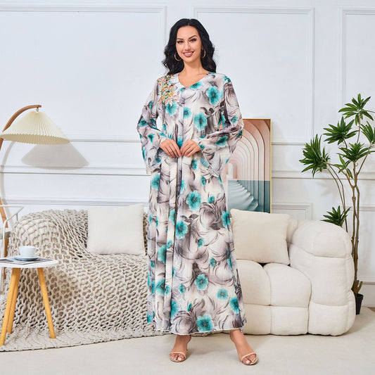 MT138 Middle East Dubai Fashion New Floral Print Beaded Dress Arabian Women's Evening Dress