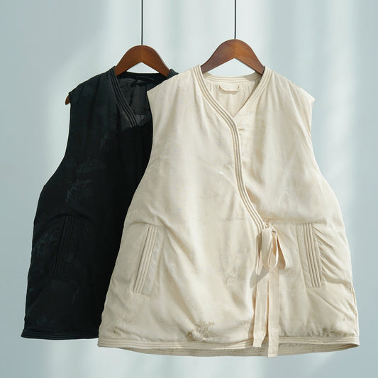 retro literary V-neck jacquard down vest, new Chinese diagonal placket outer wear vest W24360