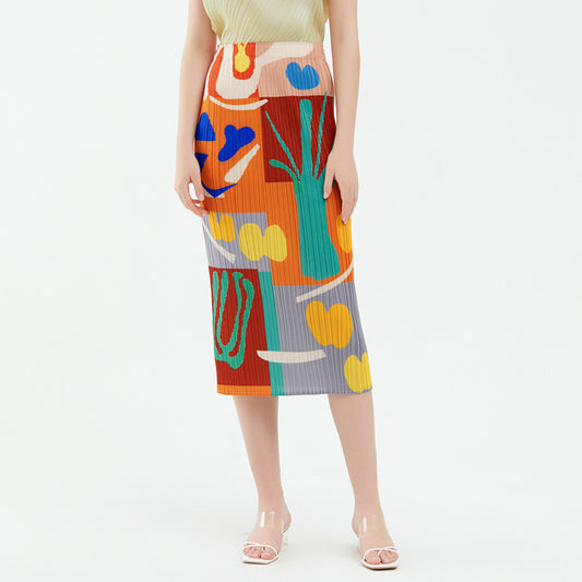 new women's clothing printed pleated a-word hip skirt temperament thin medium and long pleated skirt women's summer