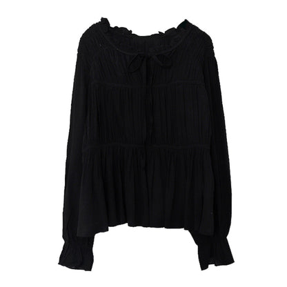 Chiffon V-neck shirt top women's  spring new, pleated splicing design Korean version leopard long-sleeved shirt