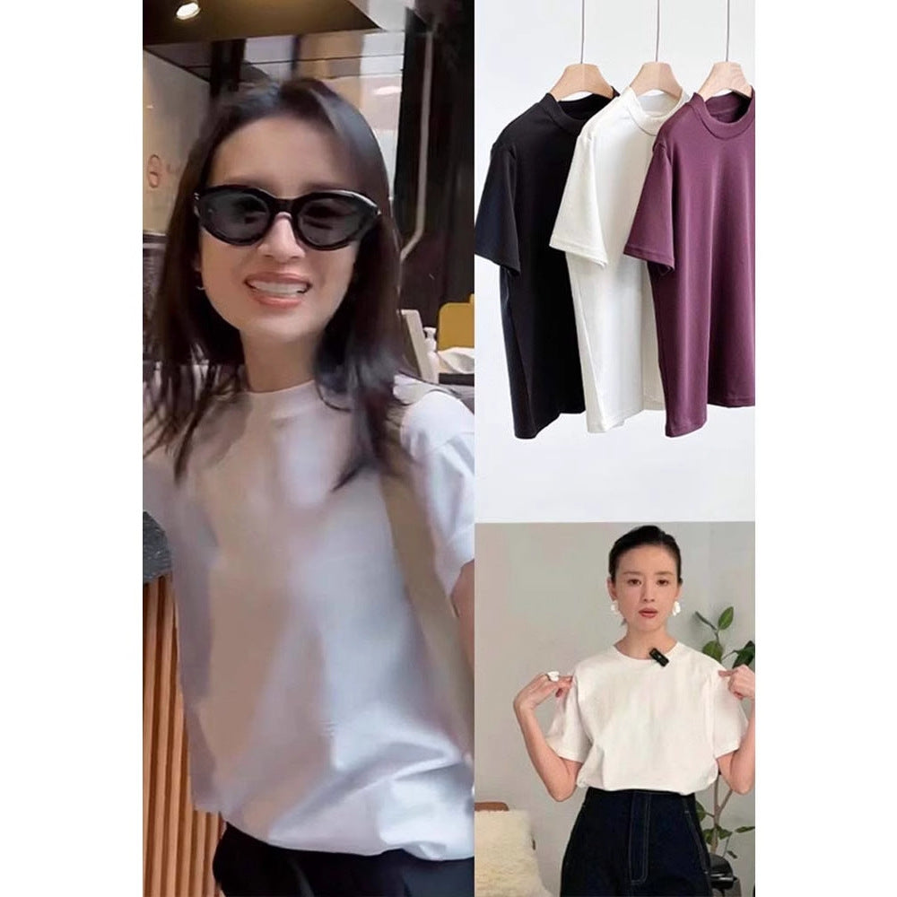 Siyuan, minimalist solid color comfortable horse cotton short-sleeved front shoulder T-shirt women's semi-high round neck basic versatile top 8127