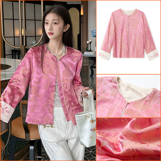 New Chinese style high-grade mulberry silk embroidered bead design top pink temperament fashion jacket MZ099