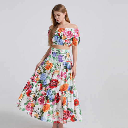 High-end vacation temperament one-word shoulder bubble sleeves short top + high-waisted thin pleated skirt two-piece set