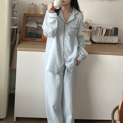 New Internet celebrity pure cotton contrasting polka dot couple pajamas set Korean version of simple high-end lapel long-sleeved cardigan