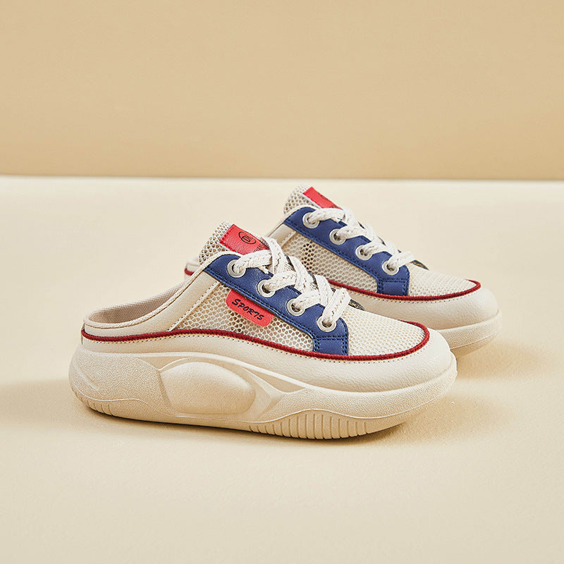 2025  summer new half-tray white shoes women's mesh breathable student board shoes casual thick sole height increase HB6608-1