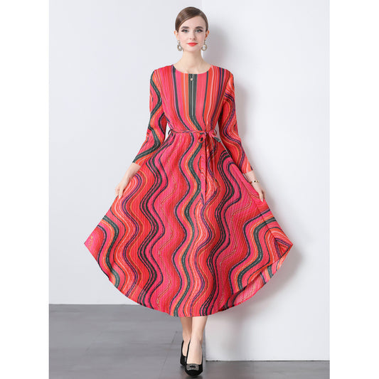 Miyake water ripple crew neck dress women's  large size thin pleated rainbow print long sleeve medium and long skirt