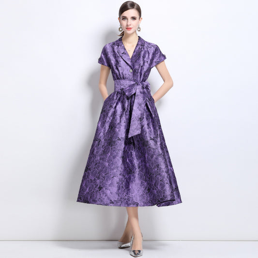 summer light mature style Muse Fan temperament high sense purple jacquard waist pendulum evening dress dress