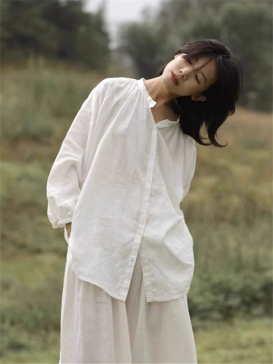 White linen shirt women's summer lazy style loose simple casual shirt loose sense sun protection long sleeve cotton and linen top