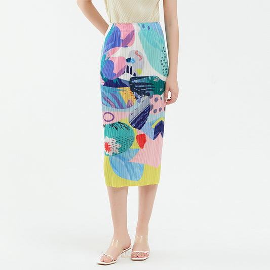 Miyake summer new women's clothing design sense, thin temperament, printed pleated a-word hip skirt, women's skirt