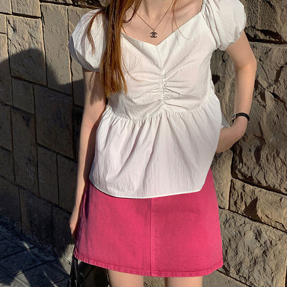 A-shaped skirt, small Korean version short skirt, raspberry pink skirt, summer new, sweet and spice girl twill washed cotton hip skirt