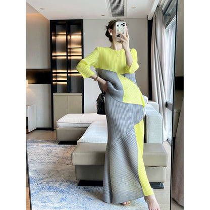 Folds  autumn designer high-end color matching fashion casual suit queen fan temperament elegant two-piece set