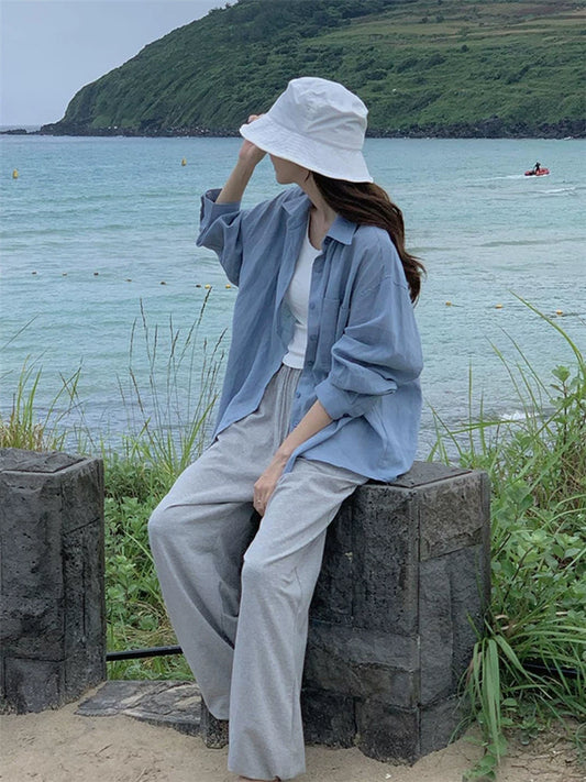 Cotton and linen shirt women's spring and summer thin long-sleeved sunscreen shirt  super fire lazy linen premium loose coat