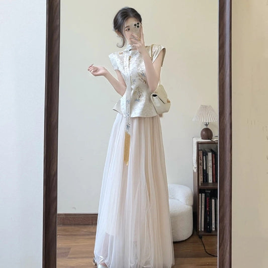 2025 summer new Chinese style high waist and thin light luxury embroidered temperament top fluffy skirt set N3114