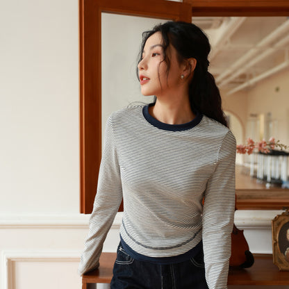 Long-sleeved striped T-shirt women's spring new Japanese and Korean casual fashion versatile jumper contrasting color round neck front shoulder top