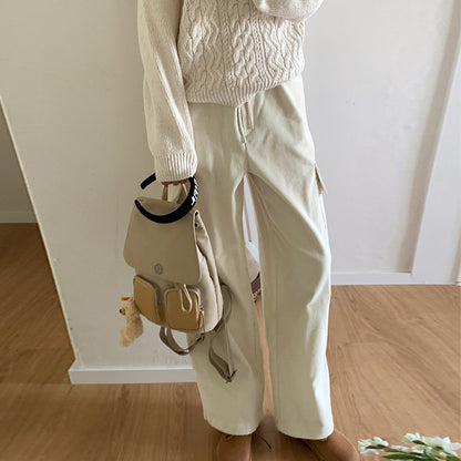 Korean spring and autumn loose overalls corduroy warm thickened strips high waist wide legs casual straight pants women