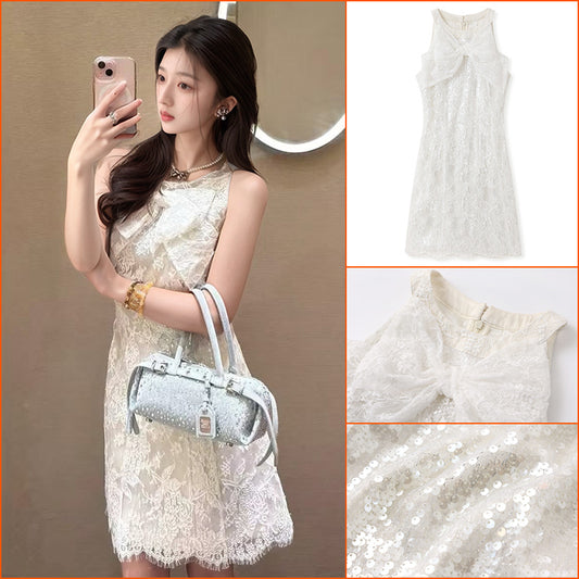 romantic lace mesh slim fit beautiful dress women's 2025 summer bow light luxury dress N3058