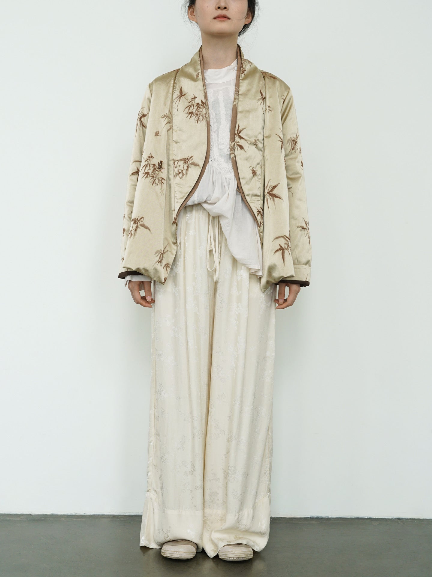 national style new Chinese style human silk luster diagonal placket thickened cotton-padded jacket bamboo leaf jacquard warm cotton-padded jacket M24357