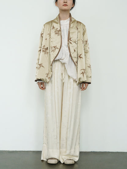 national style new Chinese style human silk luster diagonal placket thickened cotton-padded jacket bamboo leaf jacquard warm cotton-padded jacket M24357