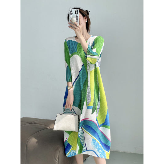 Miyake  summer new fashionable geometric printing crew neck loose pleated dress temperament meat-covered medium and long dress