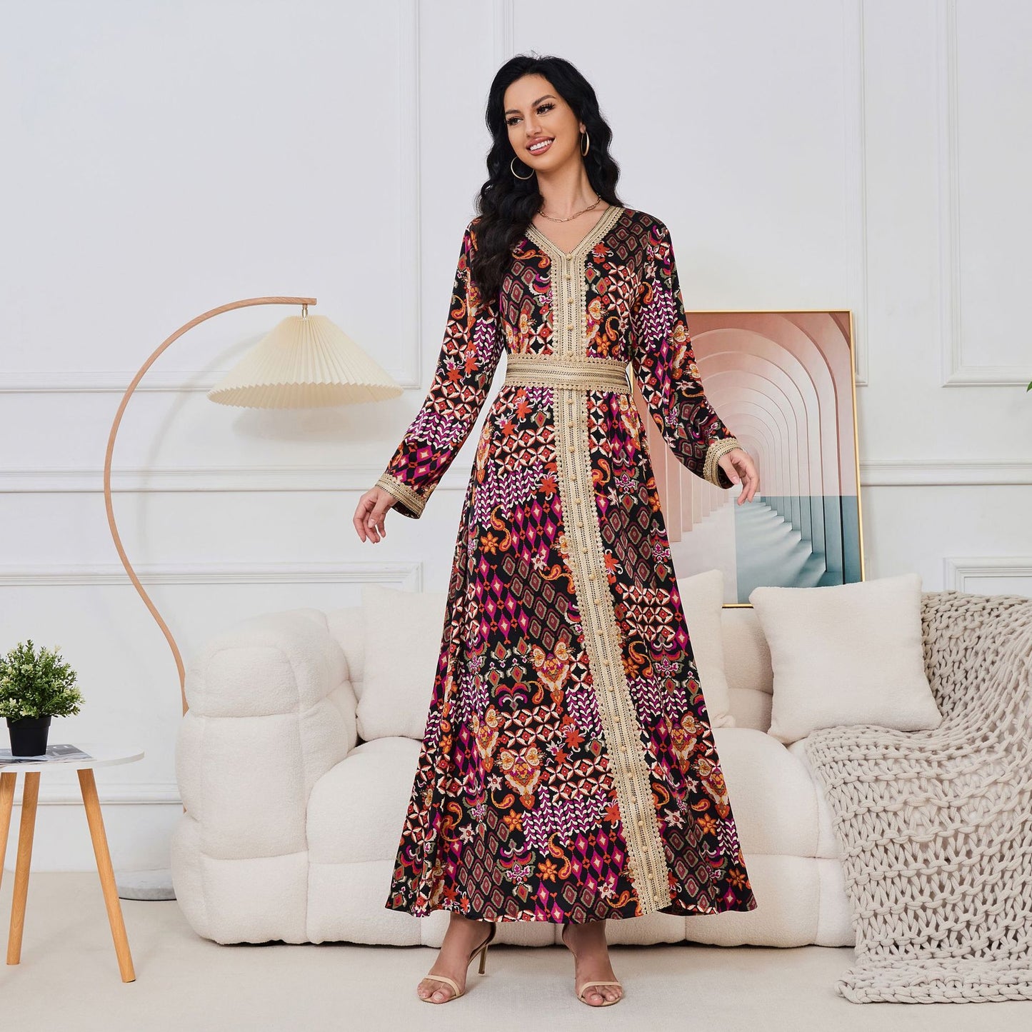 MT118 muslim Middle East women's Arab clothing, new V-neck printing long-sleeved  Popular trade dress