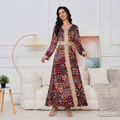 MT118 muslim Middle East women's Arab clothing, new V-neck printing long-sleeved  Popular trade dress