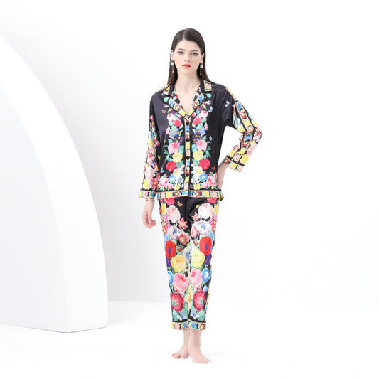 Popular, , , Popular trade New women's clothing, casual trim, pajamas set, suit collar, long sleeves, trousers, printed two pieces