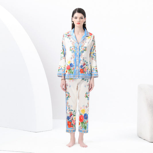 fashion two-piece set women's court style retro suit collar printed long-sleeved shirt + high waist and thin wide-leg pants