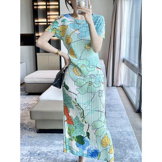 summer new high-end gentle temperament printed fashion suit women's short-sleeved pleated top two-piece set