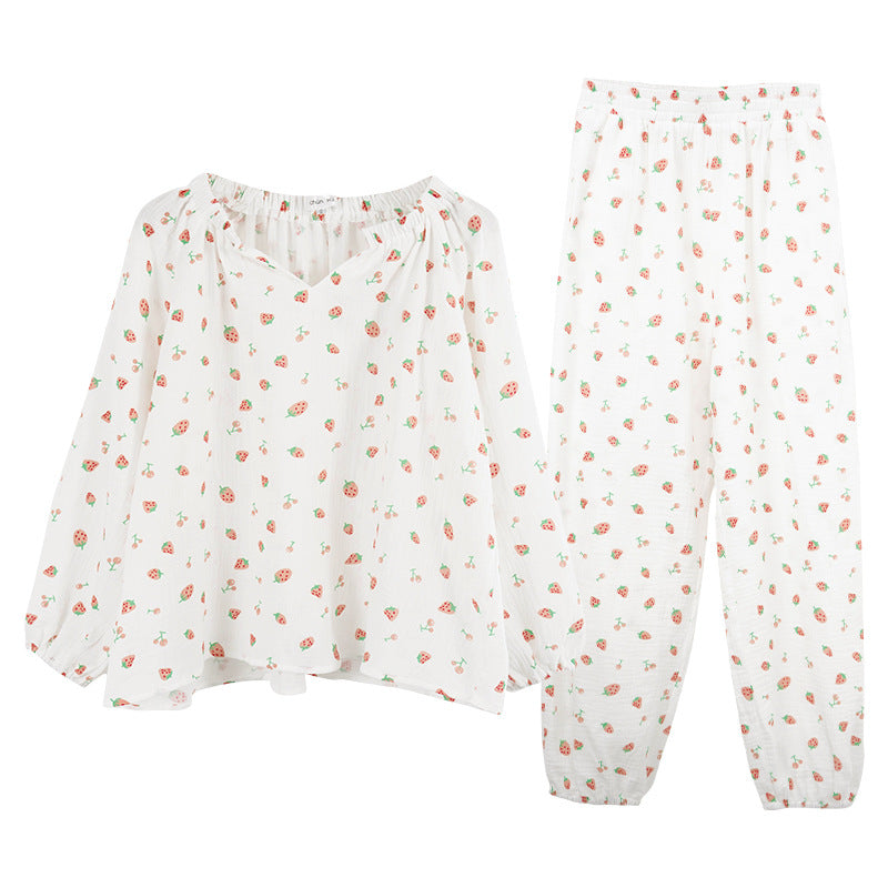 Spring Korean version ins style pure cotton loungewear women's V-neck loose simple lazy casual long-sleeved pajamas two-piece set