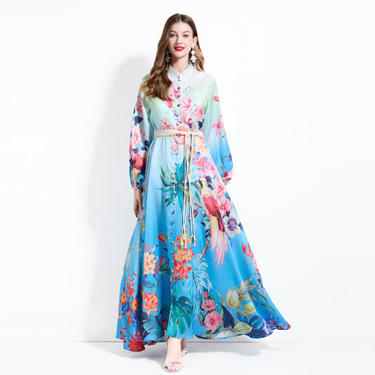 Popularan, n and Popular style retro fashion printed stand-up collar single-breasted lantern sleeve dress women's waist pendulum dress long dress