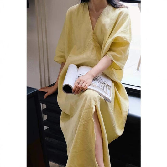 Siyuan summer  high-end stand-up cut cocoon dress temperament elegant V-neck linen yellow skirt 7765