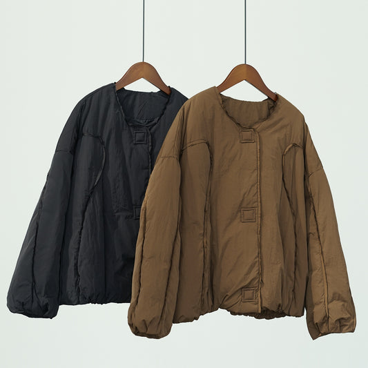 retro literary and lazy style loose age-reducing round neck single-breasted simple short down jacket W24372