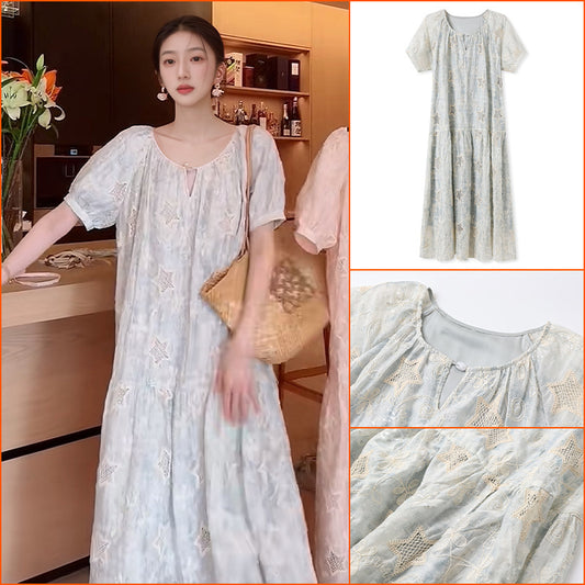 Crew Neck Summer Vacation Gentle Wind Long Dress Female Sweet Loose Star Embroidery Design Dress N3099