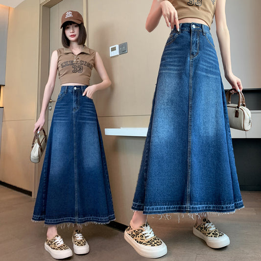 Sixsr Blue High Stretch Denim Midi Skirt, Whiskered Single Breasted Button A-Line Denim Midi Skirt, Women's Denim Clothing