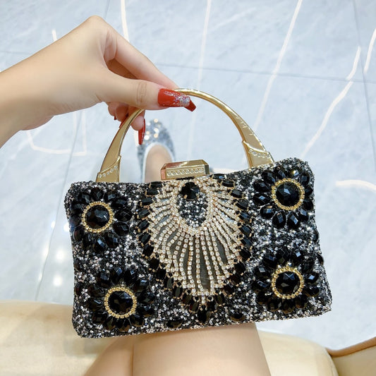 SIXSR 2025 Celebrity Heavy Industry Diamond-encrusted Dinner Bag Black Gem-encrusted Diamond Handbag Women's Pearl Rhinestone Bag Handbag Cheongsam Women's