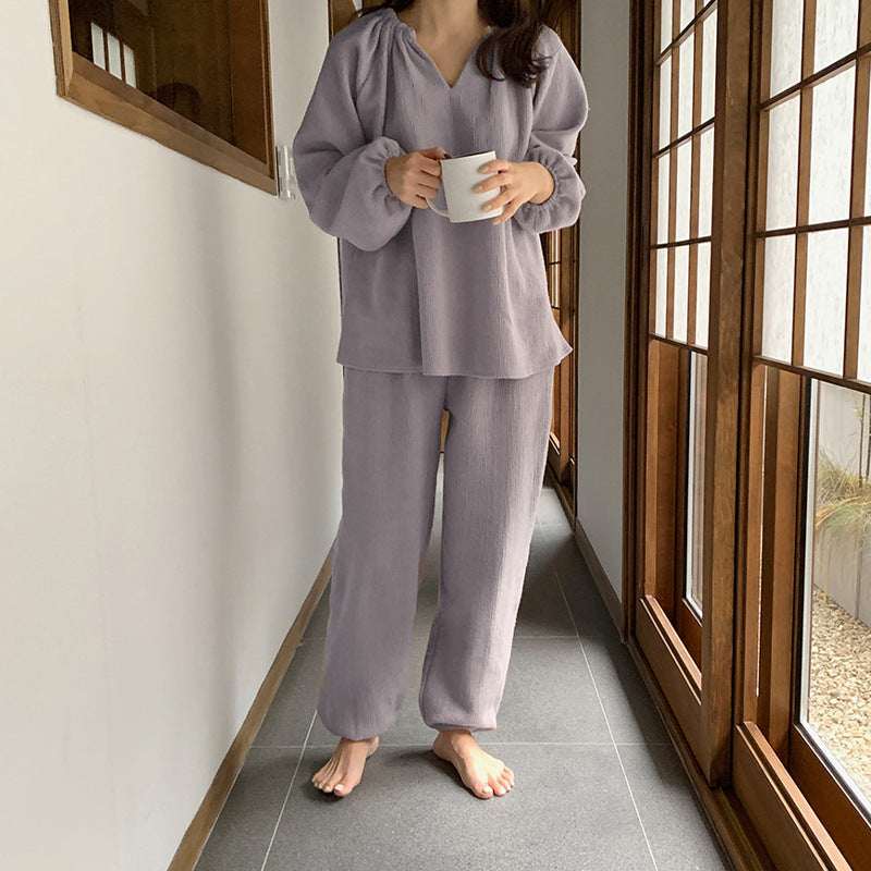 Spring Korean version ins style pure cotton loungewear women's V-neck loose simple lazy casual long-sleeved pajamas two-piece set