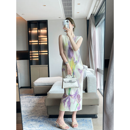 Pleats  summer new national style printed sleeveless Miyake dress temperament advanced sense slim and thin dress