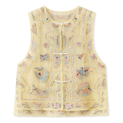 Guofeng retro buckle jacquard embroidered vest 2025 new unique design mulberry silk round neck vest N2022
