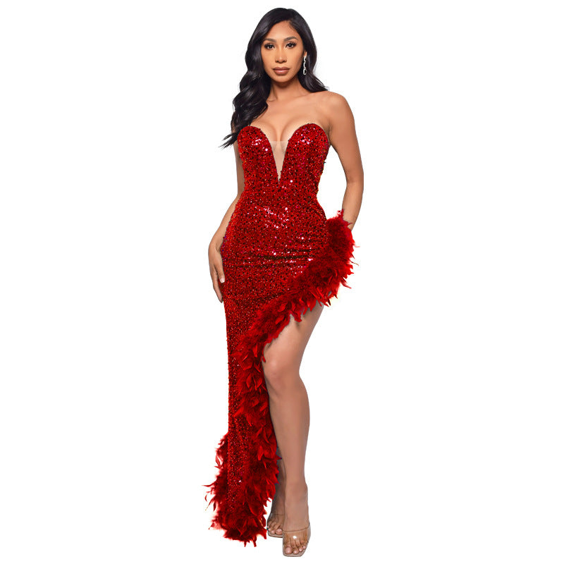 SIXSR 2025 2025 women's clothing New women's clothing new tube top sequined feather dress   dress wholesale women