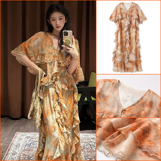Spring and summer beautiful high-end lotus leaf edge smudge dress female national style new Chinese light luxury fairy long dress N3053