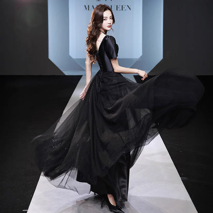 Banquet black evening dress dress  new temperament host female student art examination temperament dress spring
