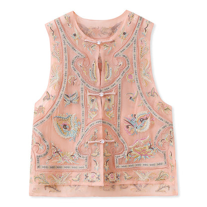 Guofeng retro buckle jacquard embroidered vest 2025 new unique design mulberry silk round neck vest N2022