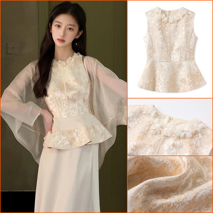 New Chinese high-end exquisite lace crew neck shirt 2025 new national style waist versatile jacquard top N3106
