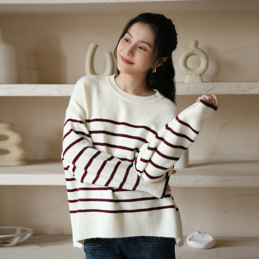 Korean version of classic striped top women's spring contrasting color crew neck knitted sweater fashionable versatile long-sleeved wool jumper
