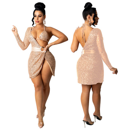 SIXSR dress summer women's sequined backless dress nightclub with underwear long-sleeved dress two-piece set