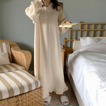 Gentle and lazy  ins style, new cotton crepe long dress, sweet girl loose simple pajama dress