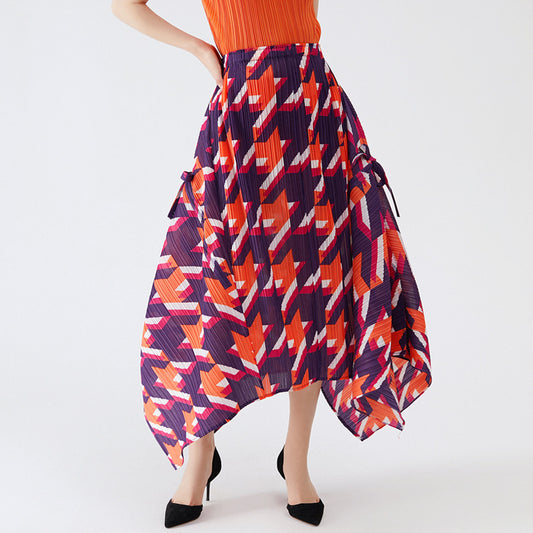 Spring new casual style thousand bird grid skirt women's high waist and thin split fork versatile pleated long dress clothing